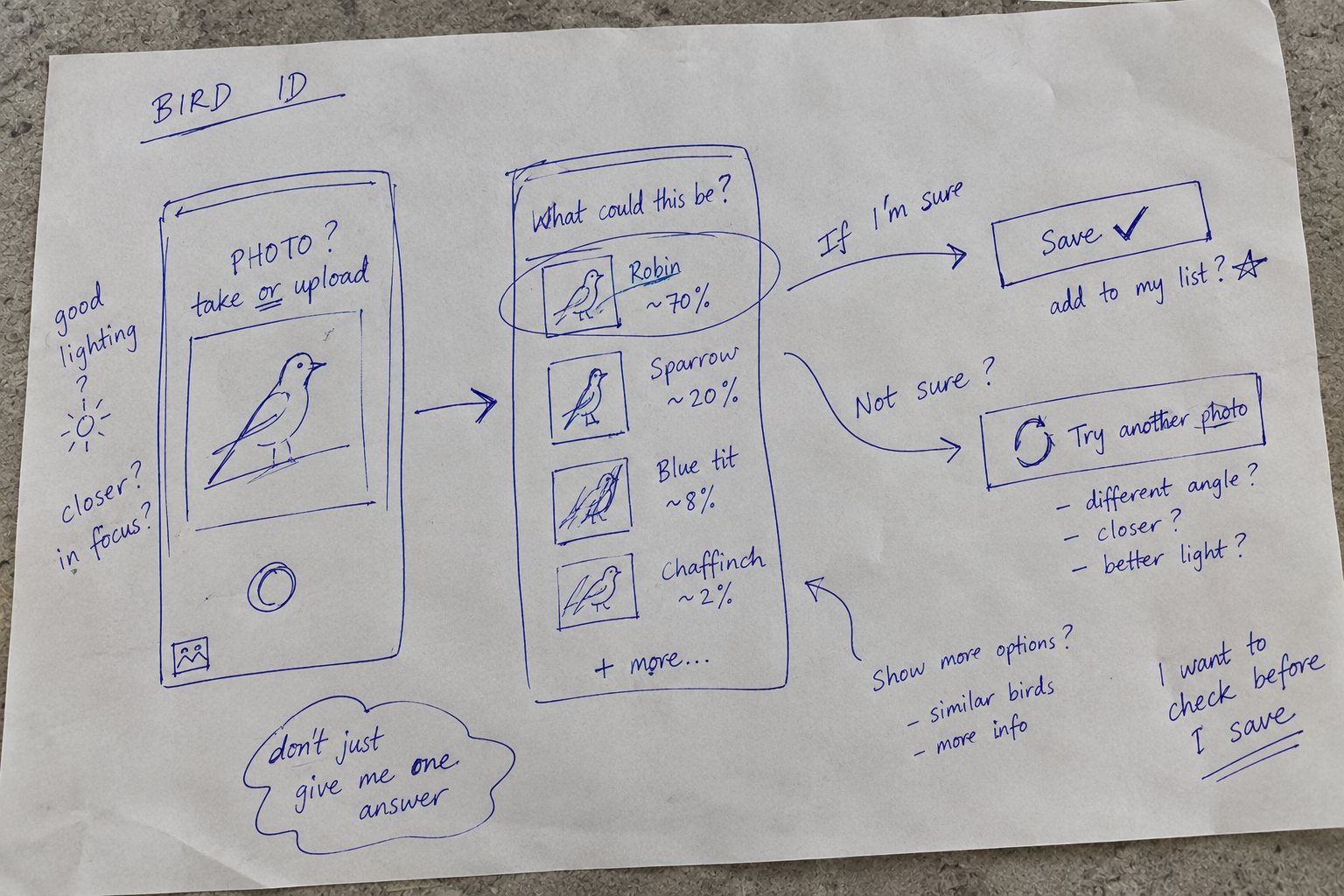 Co-design workshop sketch: Bird ID flow with photo, results and save or try again