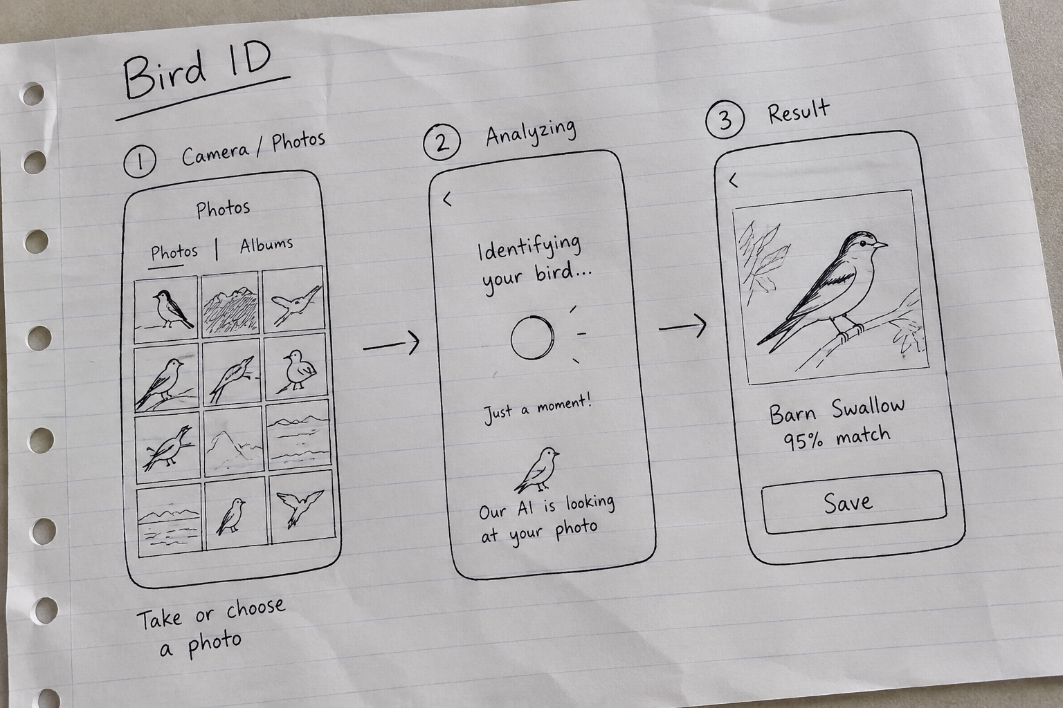 Co-design workshop sketch: Bird ID flow with camera, analyzing and result steps