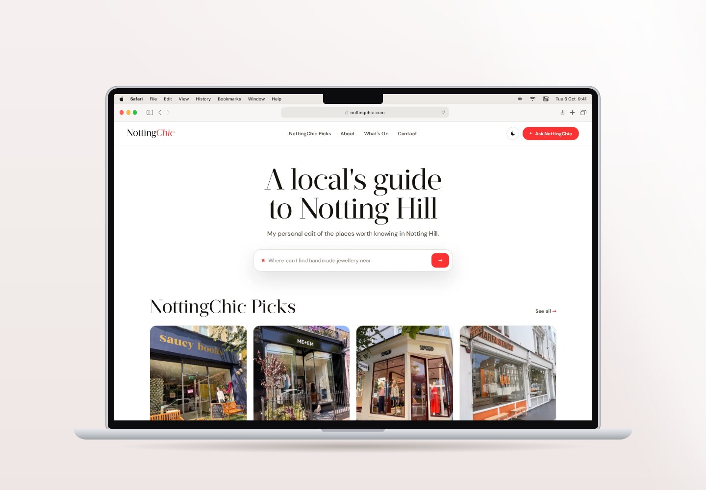 NottingChic on a MacBook: from the home page to NottingChic Picks and its map of Notting Hill, with The West Village