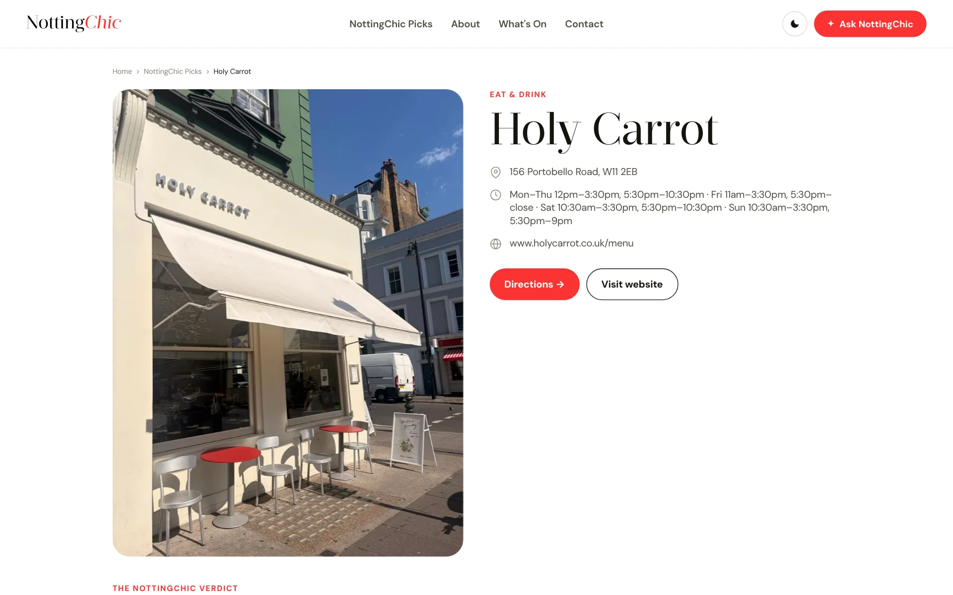 Holy Carrot's page on a laptop: the photo, the address, opening hours, directions and the website