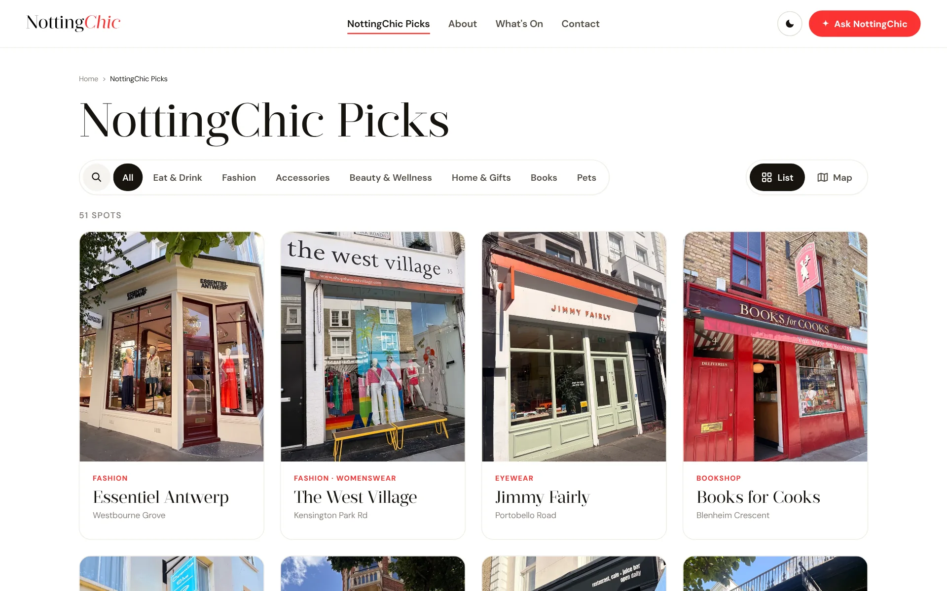 NottingChic Picks on desktop, as a list, light mode