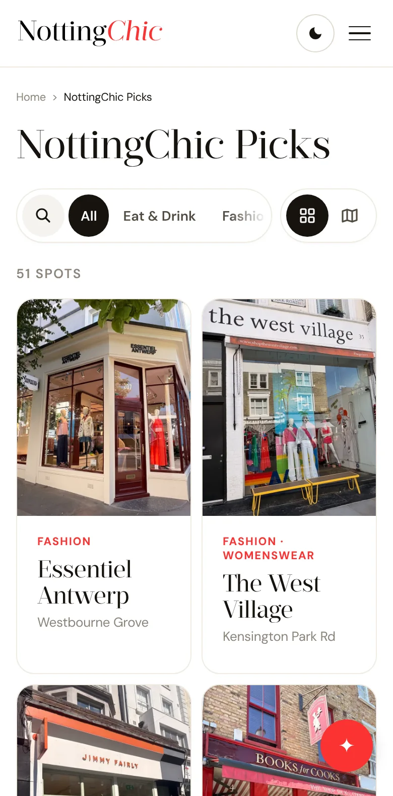 NottingChic Picks on a phone, as a list, light mode