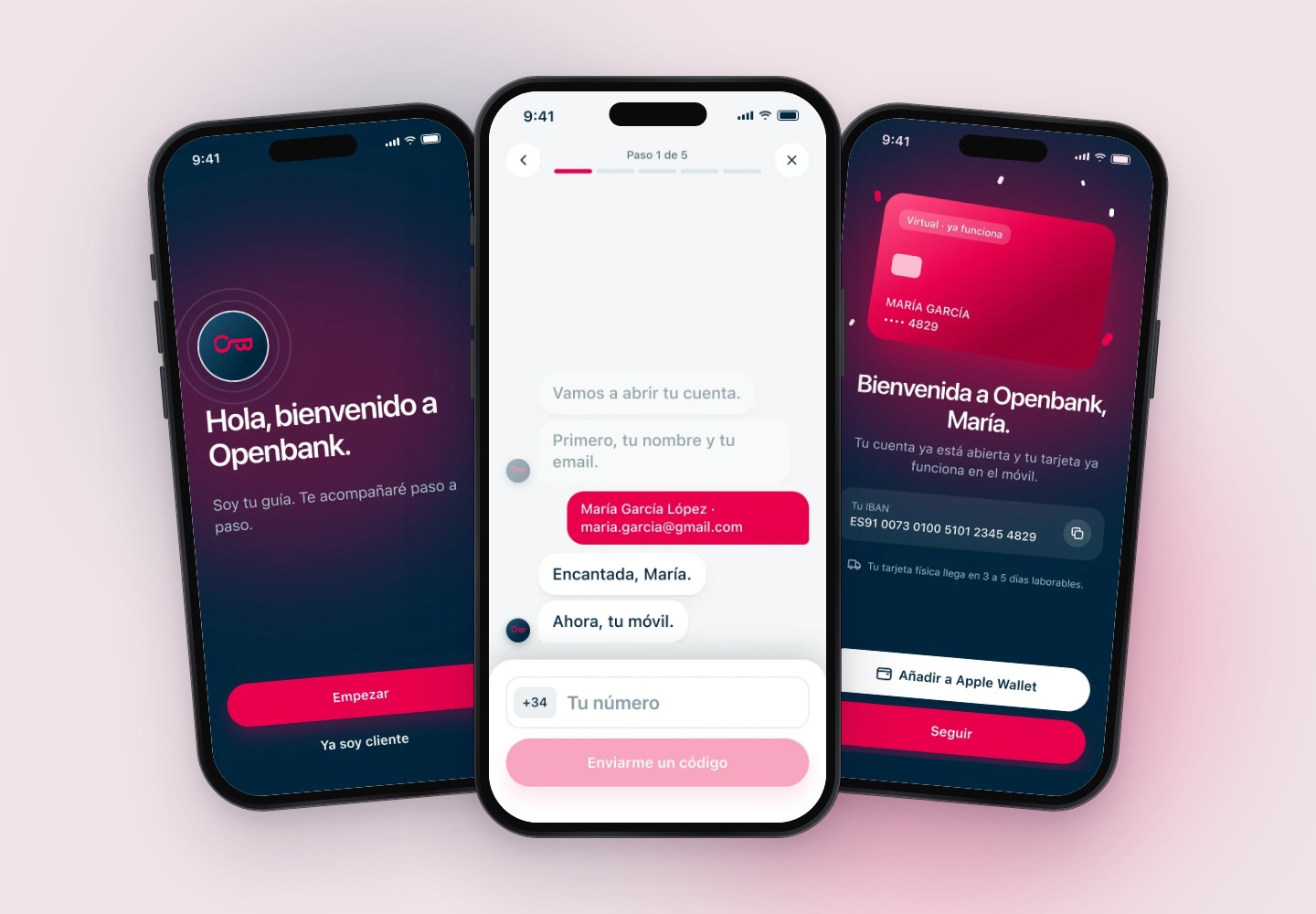 Three phones: the Openbank welcome, the guide asking for your mobile in a chat, and the open account with its new card