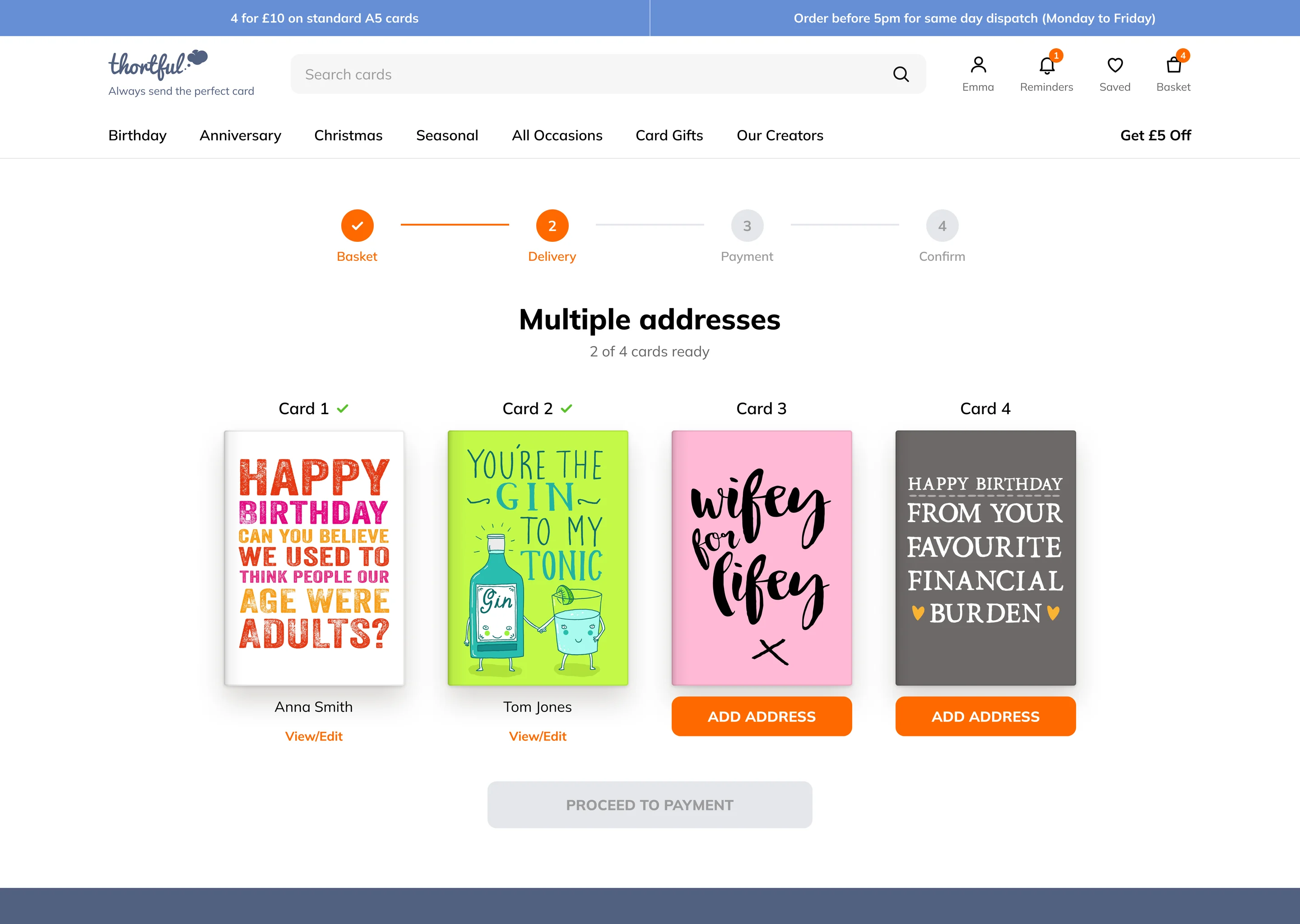 On the website: every card on one page, 2 of 4 cards ready