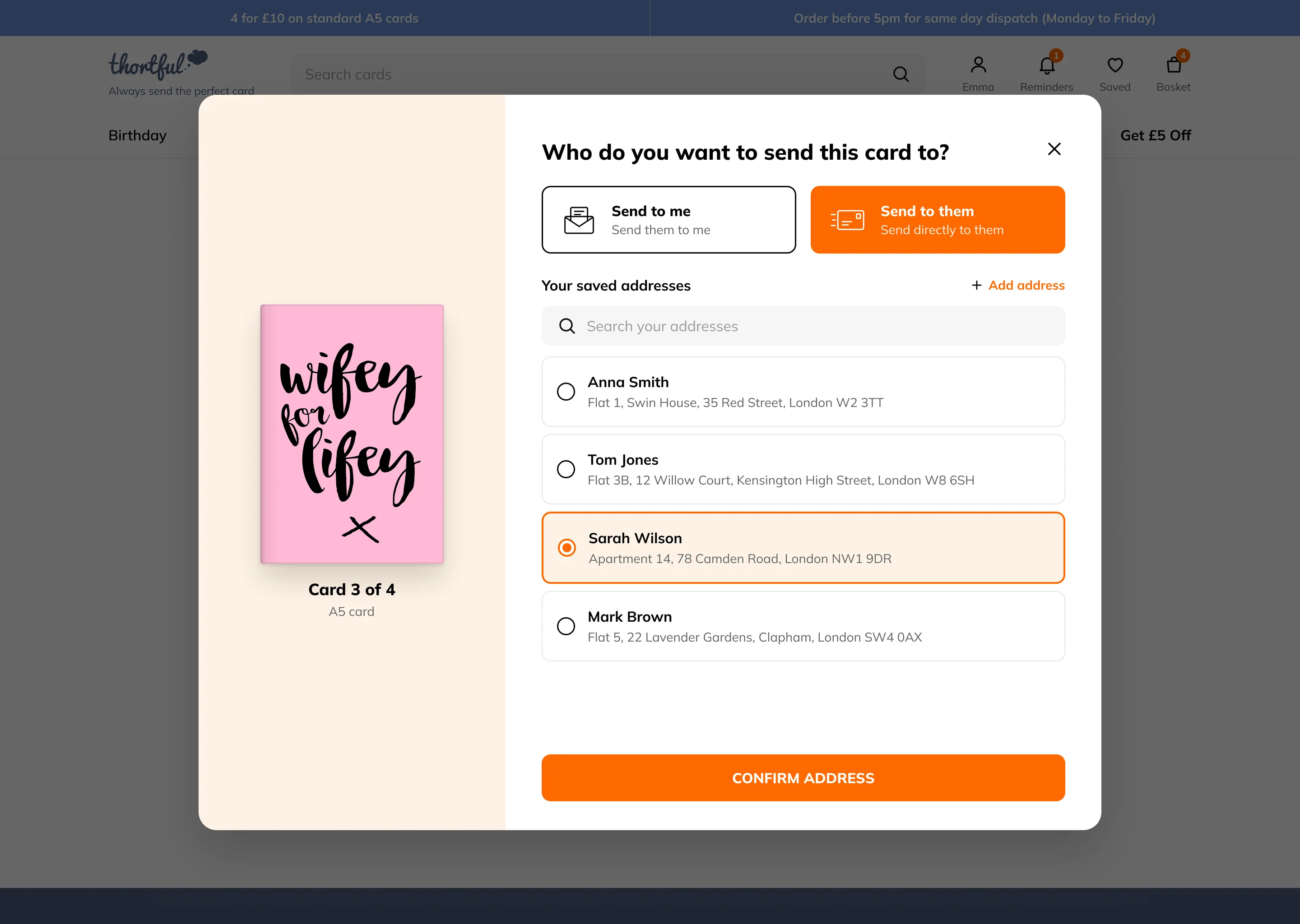 On the website, card 3 of 4 opens in a window over the page: who to send it to, with saved addresses
