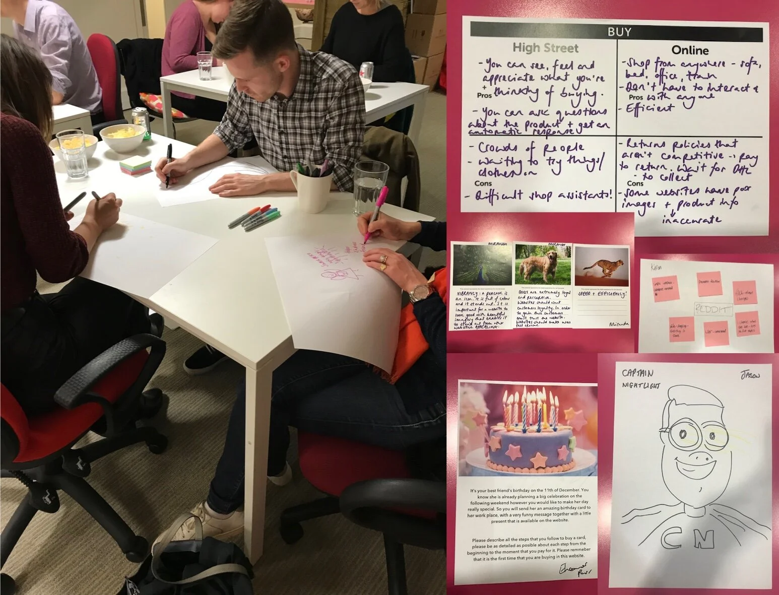 A workshop in the office: people sketching at a table, with their boards on comparing the high street and online, a birthday card task and a drawing