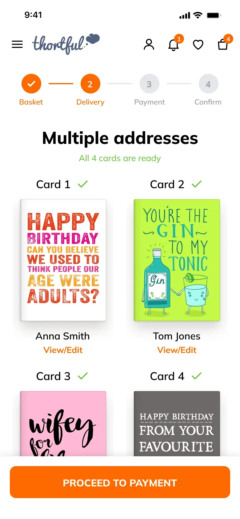 Multiple addresses: all four cards ready