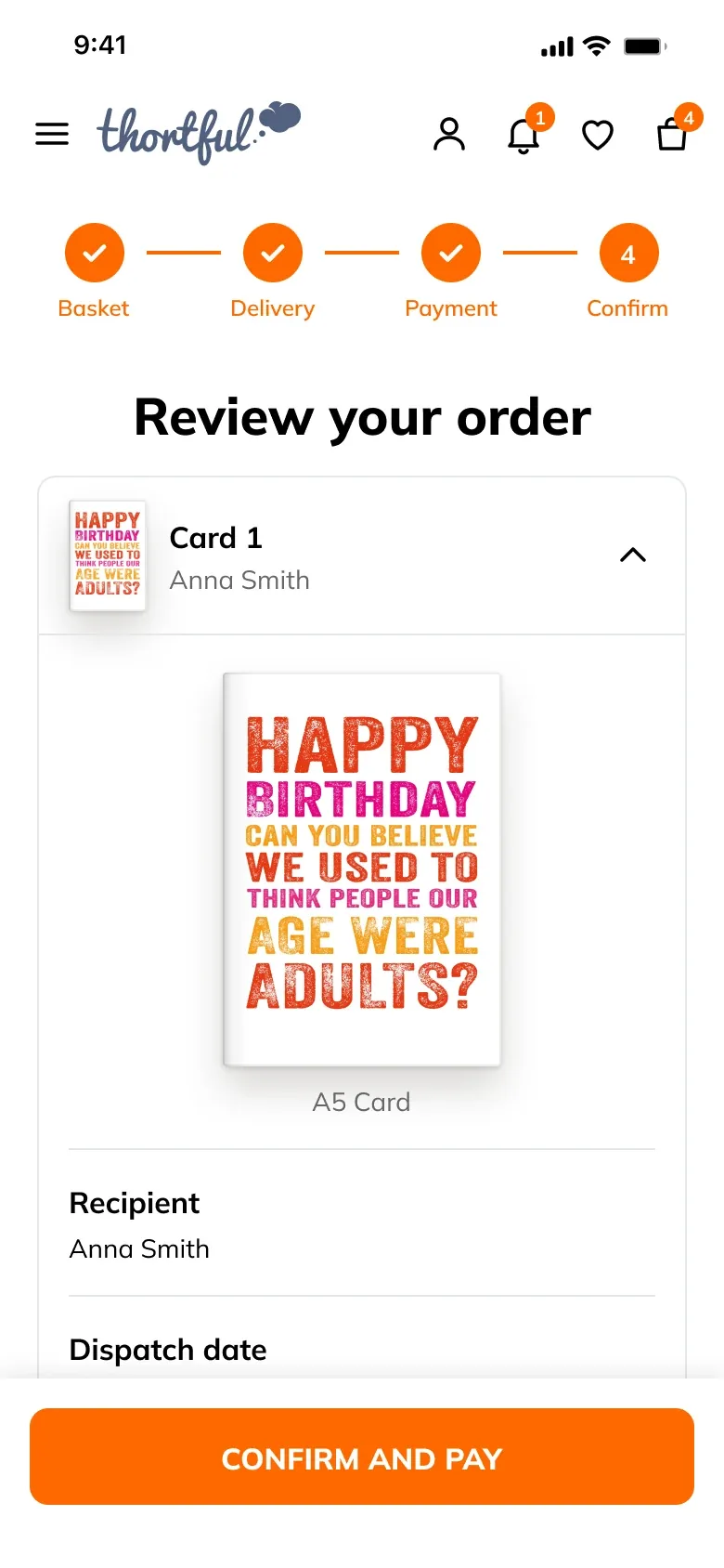 Review your order, with card 1 open